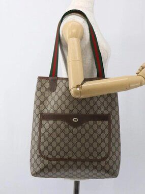 GUCCI GG Supreme Web Sherry Line Tote Bag PVC Beige Gold Auth gh1816